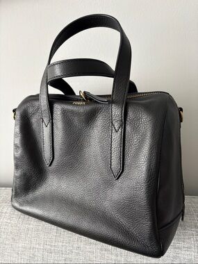 Fossil Black Leather Double-Handle Satchel - Sydney